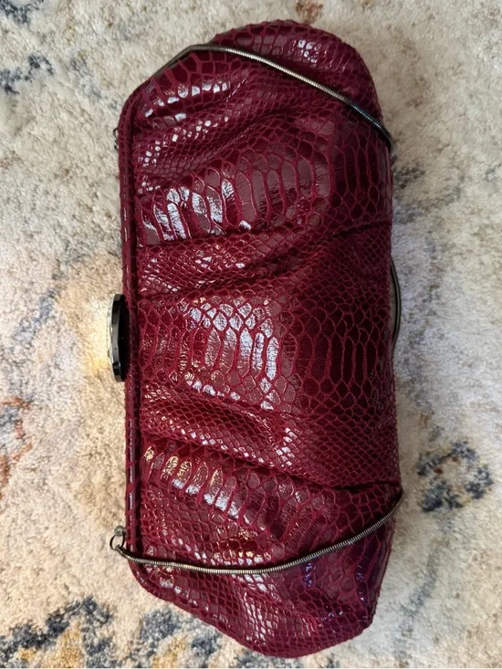 Kate Landry Wine Red Snake-Texture Evening Clutch with Chain Strap - Picture 9 of 13